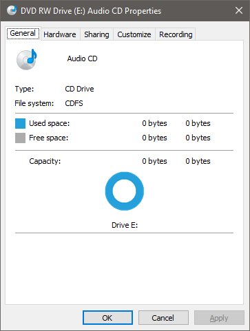 Audio CD Properties window